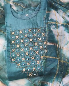 Sea Green Hand Work Kurti With Duppata