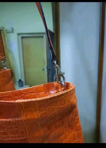 Orange Croc Embossed Shoulder Bag