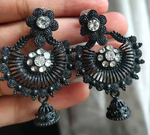 Black Jhumka &amp; Blue Hang Earrings