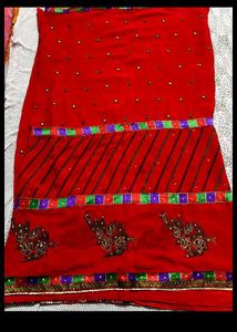 Red  Chikenkari Kurtawith New Saree Free