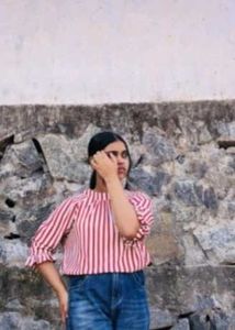 Striped Ruffle Sleeve Blouse ,Size M