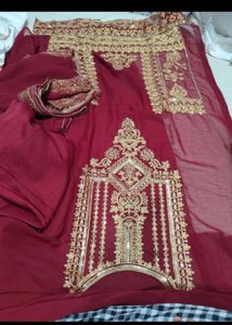 Maroon &amp; Gold Embroidered Salwar Kameez
