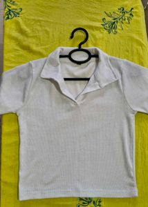 White Ribbed Polo Collared Tee.