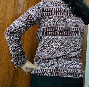 Shirt Top Brown Print On White Base