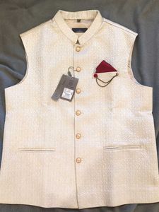 XXL - Printed Cream Nehru Jacket