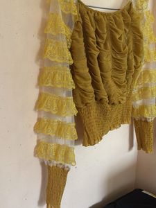 ✨ Trendy Mustard Yellow Smocked Crop Top with Ruff