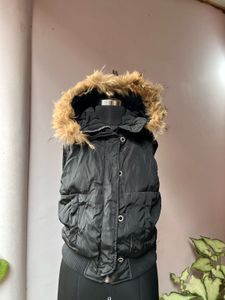 Black Puffer Vest with Fur Hood