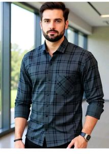 Men's Gray Plaid Casual Shirt