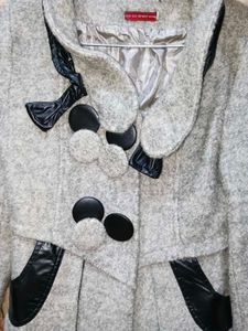 Grey Wool Blend Coat with Black Accents