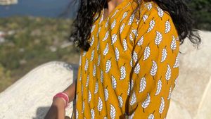Leaf Print Mustard Top