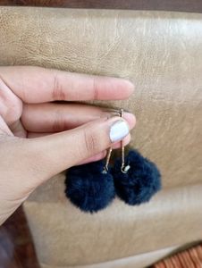 Furry Navy Blue Cottan Ball Earrings