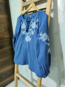 Grey Embroidery Work Cotton Top Size-40