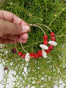 Red & White Beaded Hoops