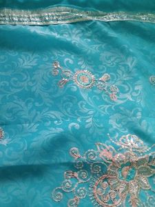 Teal Saree With Sequins Work &amp; Blouse
