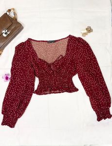 Maroon Red Polka Dot Top Sweetheart Neckline