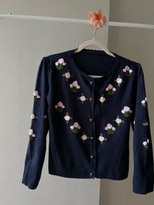 Vintage Navy Blue Embroidered Knit Cardigan