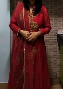 Red Embroidered  Gown With Dopatta