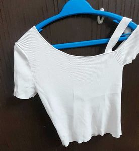 White Ribbed One-Shoulder Top