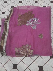 Magenta Net Dupatta with Zari &amp; Sequin Embroidery