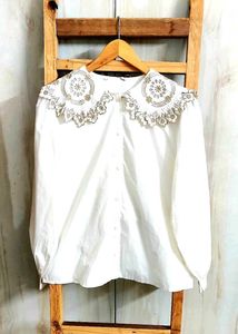 Elegant White Embroidery Blouse Size-42