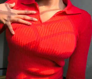 Red Ribbed Knit Polo Top