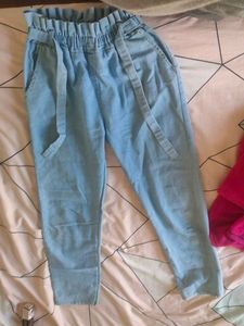 Light Blue High-Waisted Denim Paper Bag Pants