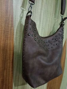 Brown Leather Shoulder Bag with Studded Design |