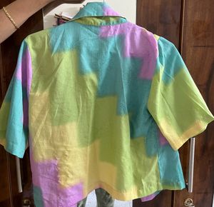 Women Block Cut Away Collar Multicolor Shirt
