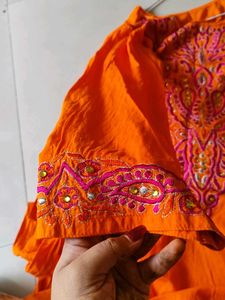 Orange Embroidered Suit With Dupatta