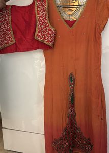 Orange Embellished Salwar Kameez with Vest