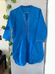 Blue Solid Cotton Kurti – Size S (with freebie)