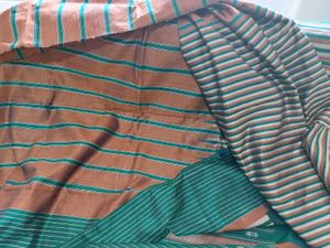 Green &amp; Brown Striped Tussar Silk Saree