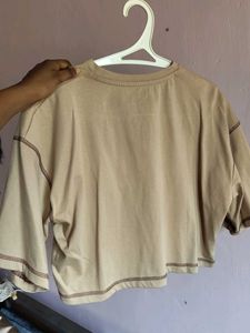 Cropped Beige Tee with Raw Hem