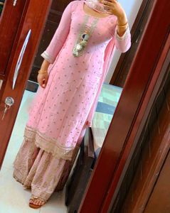 Women Pink Festive Zardozi Mirror Work Skirt Suit