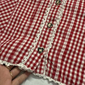 Red Gingham Puff Sleeve Blouse with Lace Trim