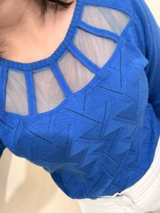 Blue Knit Top with Mesh Detail