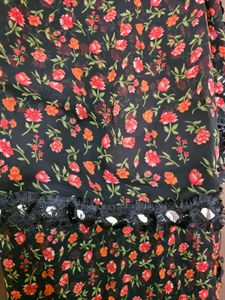 Floral Print Black Saree with red blouse