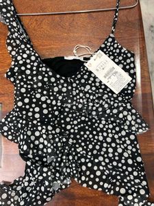 ZARA Printed Tulle Top With Ruffles