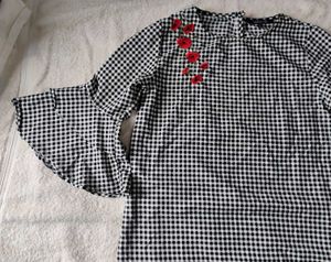Gingham Floral Embroidered Blouse