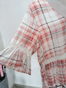 Pink Plaid Lace Trim Peasant Top
