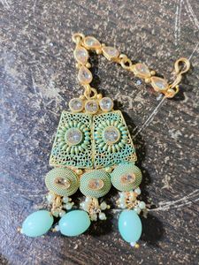 Mint Green Choker Set With Earrings And Mang Tika