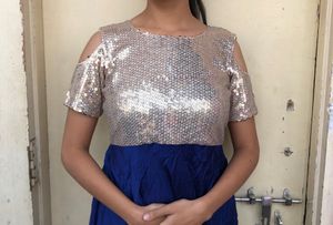 Blue Satin Gown With Siquen Choli