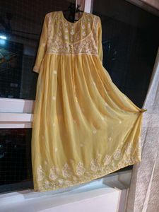 Yellow Embroidered chikankari Anarkali Dress