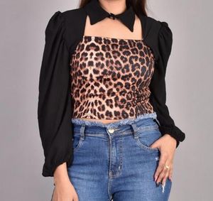 Cute Korean Coller Black Crop Top Size-M