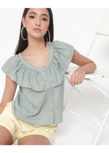 Rio Printed Button Down Top With Ruffles