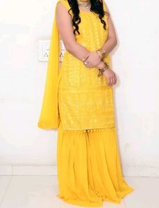 Yellow Color Sharara Dress Full Embroidery Top.