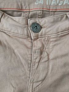 (30 Waist) Beige Denim/Cotton Blend With Side Slit