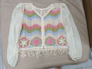 Crochet Knit Cardigan ballon sleeve top korean