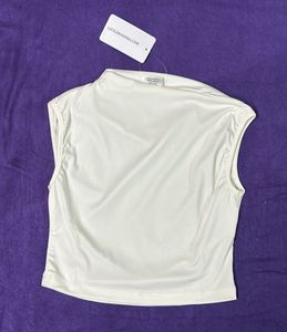 High Neck RuchedSleeveless White Crop Top