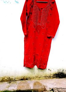 Handwork Chikenkari Red Embroidered Kurta